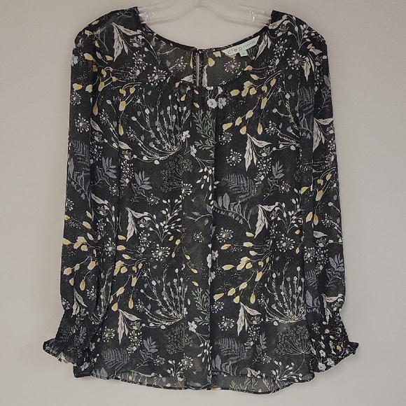 cleo Tops - Cleo Yellow and Gray Ruffled Buttoned Blouse